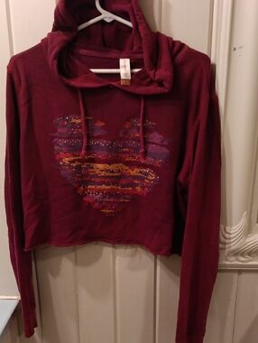 No Boundaries Burgundy Cropped Hoodie with Multicolor Heart Print